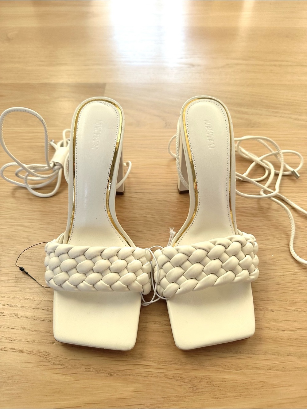 Forever 21 White Woven Square-Toe Lace-Up Heels